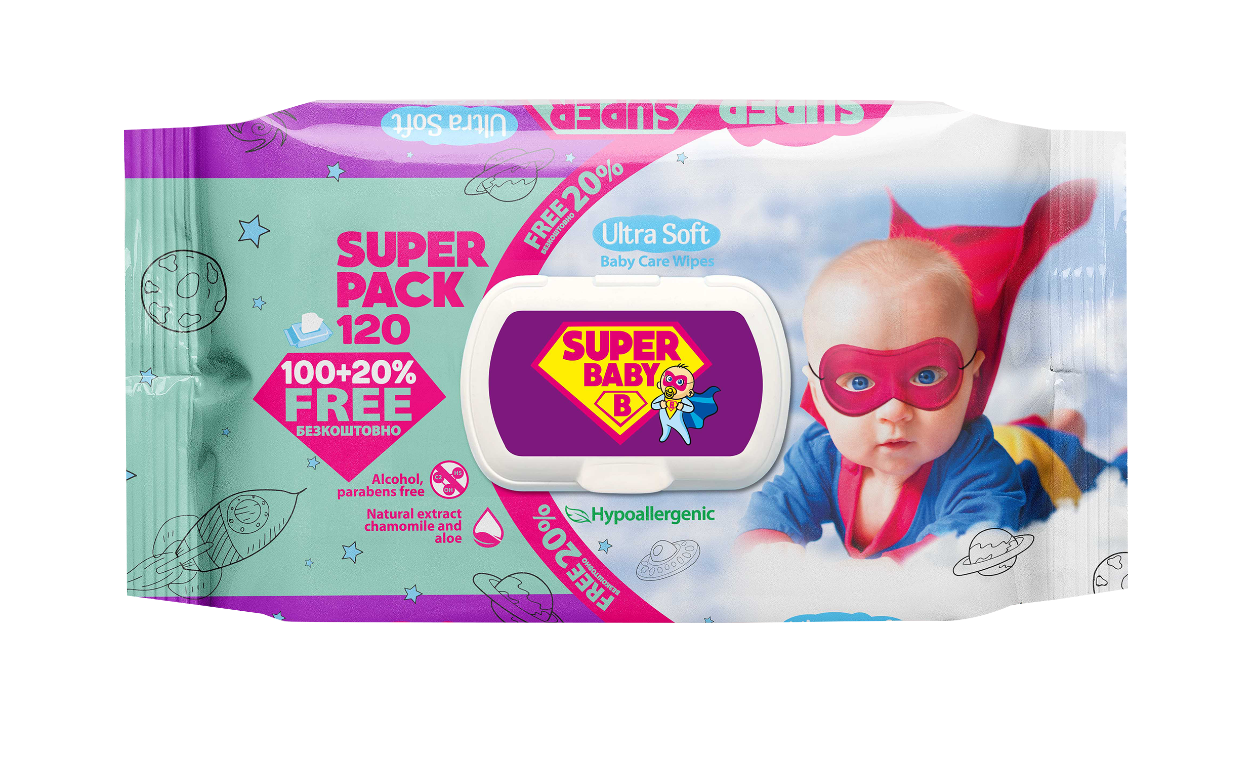 Серветки вологі 120 шт, Super Baby з клапаном, ромашка та алое