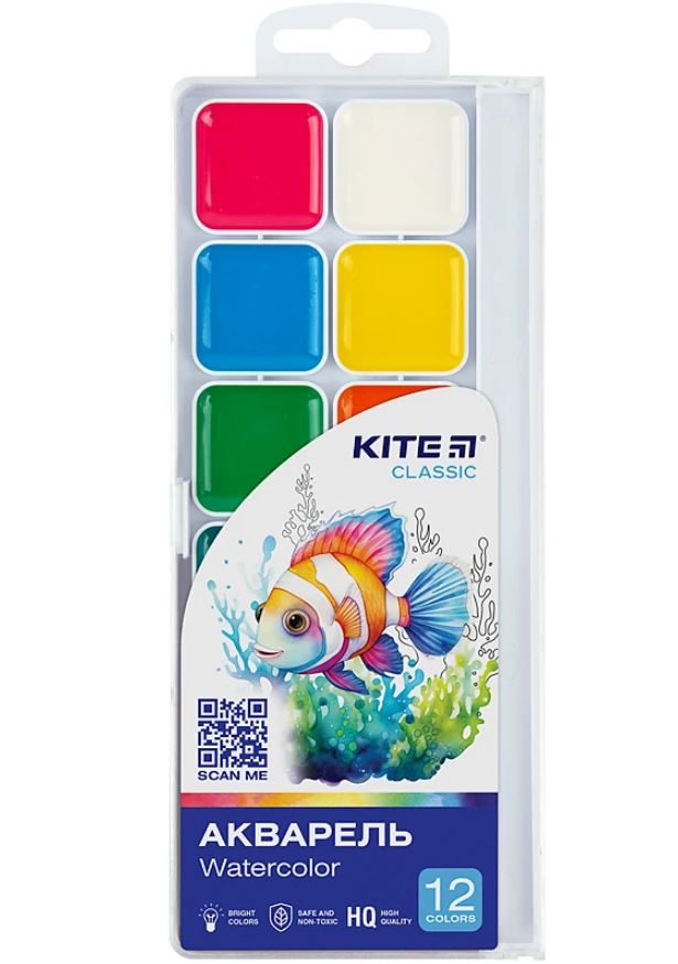 Акварель Kite Classic 12 цв., б/к, пластик